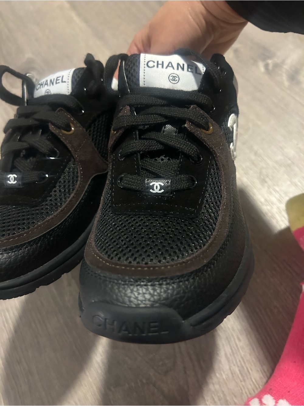 CHANEL Black, White & Brown Logo Sneakers - Picture 5 of 12